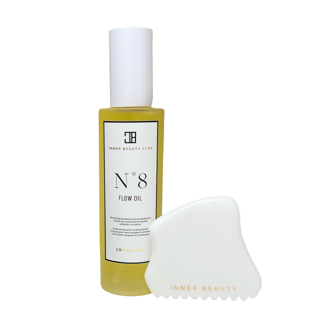 N°8 Flow Oil 100mL & White Jade Gua Sha Tool | Inner Beauty Shop