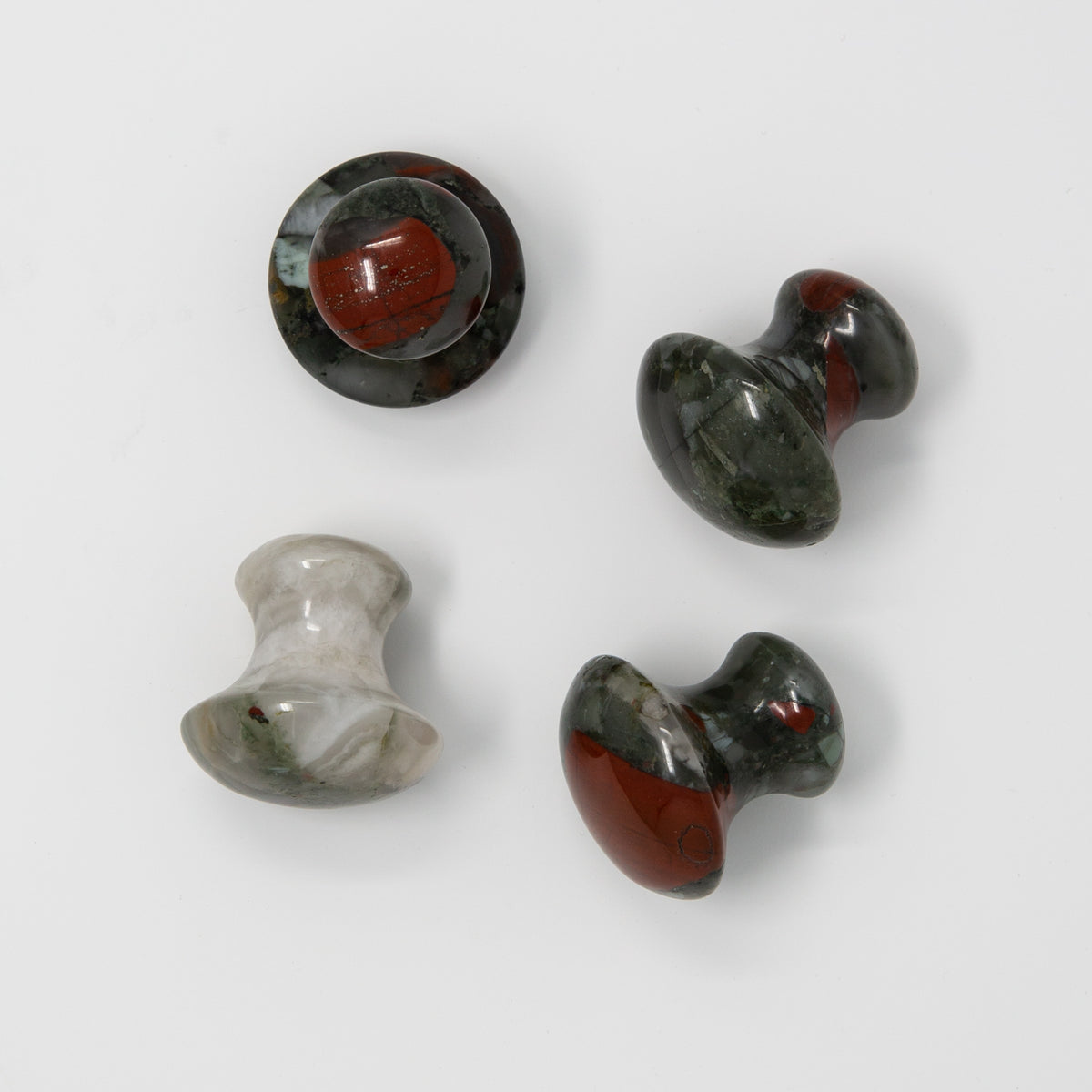 Several Bloodstone Tension Tamer mushrooms showing natural stone variation