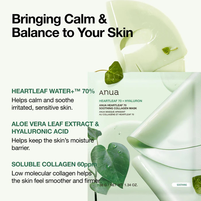 Heartleaf 70 Soothing Collagen Mask, 4-pack by Anua, view 2
