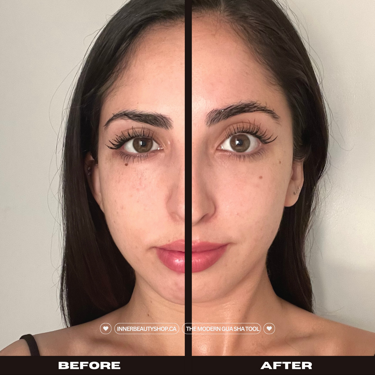 Customer photo: face split before and after using the white jade gua sha