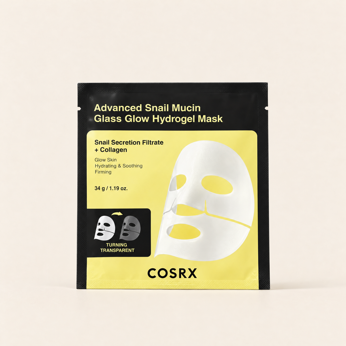 Advanced Snail Mucin Glass Glow Hydrogel Mask by COSRX, product packaging