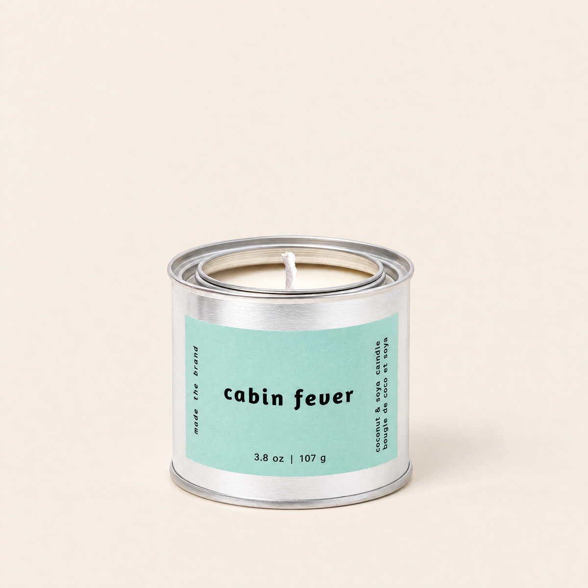 Cabin Fever soy candle in a tin, cypress, evergreen and moss scent, by Mala The Brand