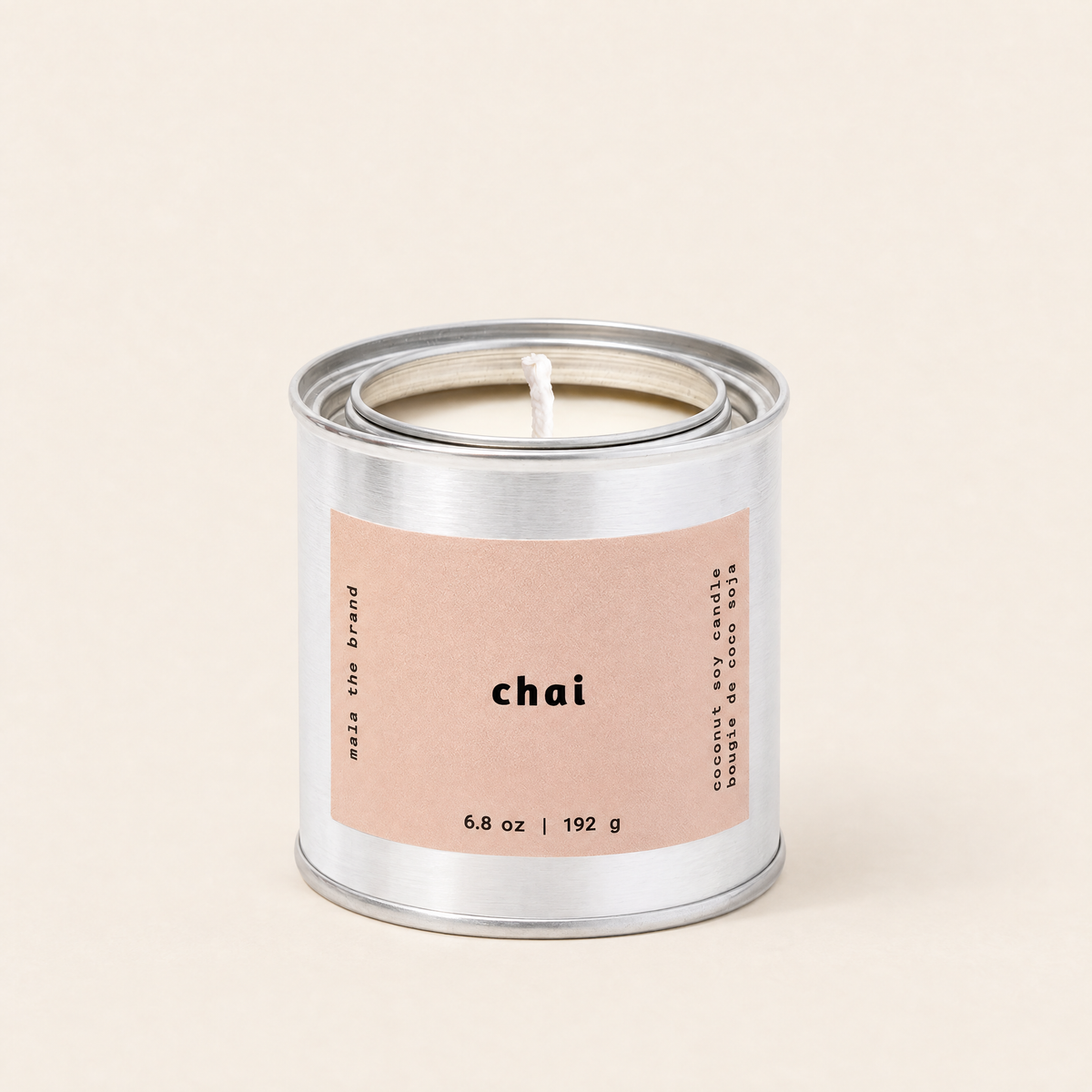 Chai soy candle in a tin, clove, cinnamon and vanilla scent, by Mala The Brand