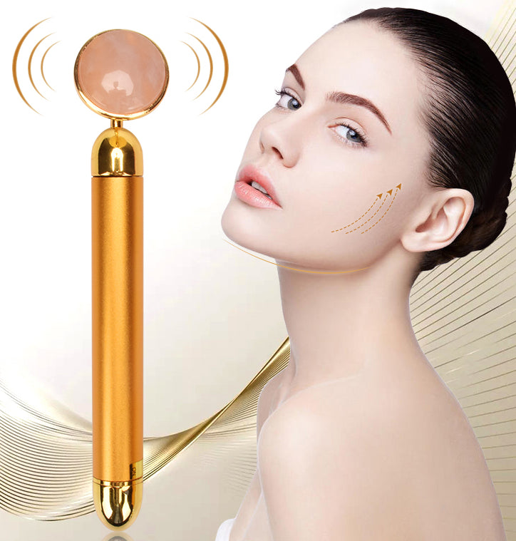Vibrational facial wand shown next to a model's face
