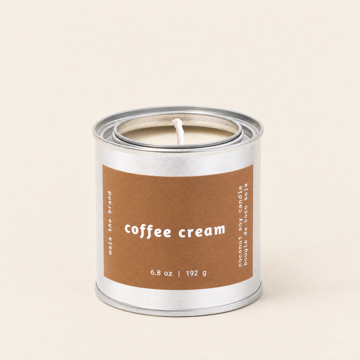 Coffee Cream soy candle in a tin, coffee, clove and vanilla scent, by Mala The Brand