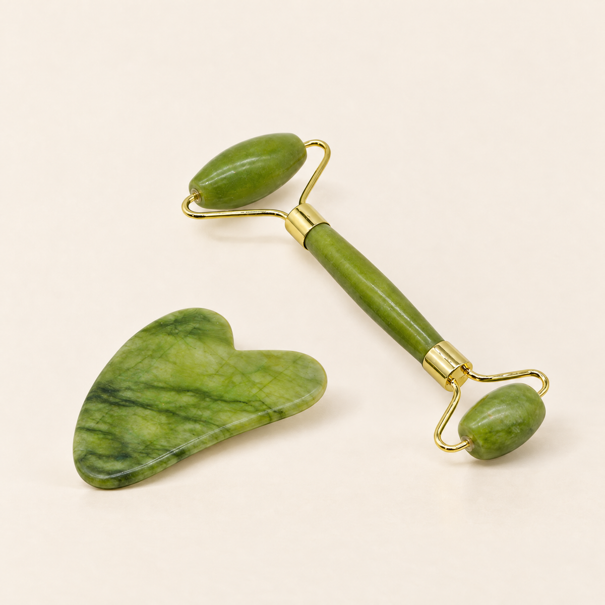 Green jade facial roller and heart gua sha set