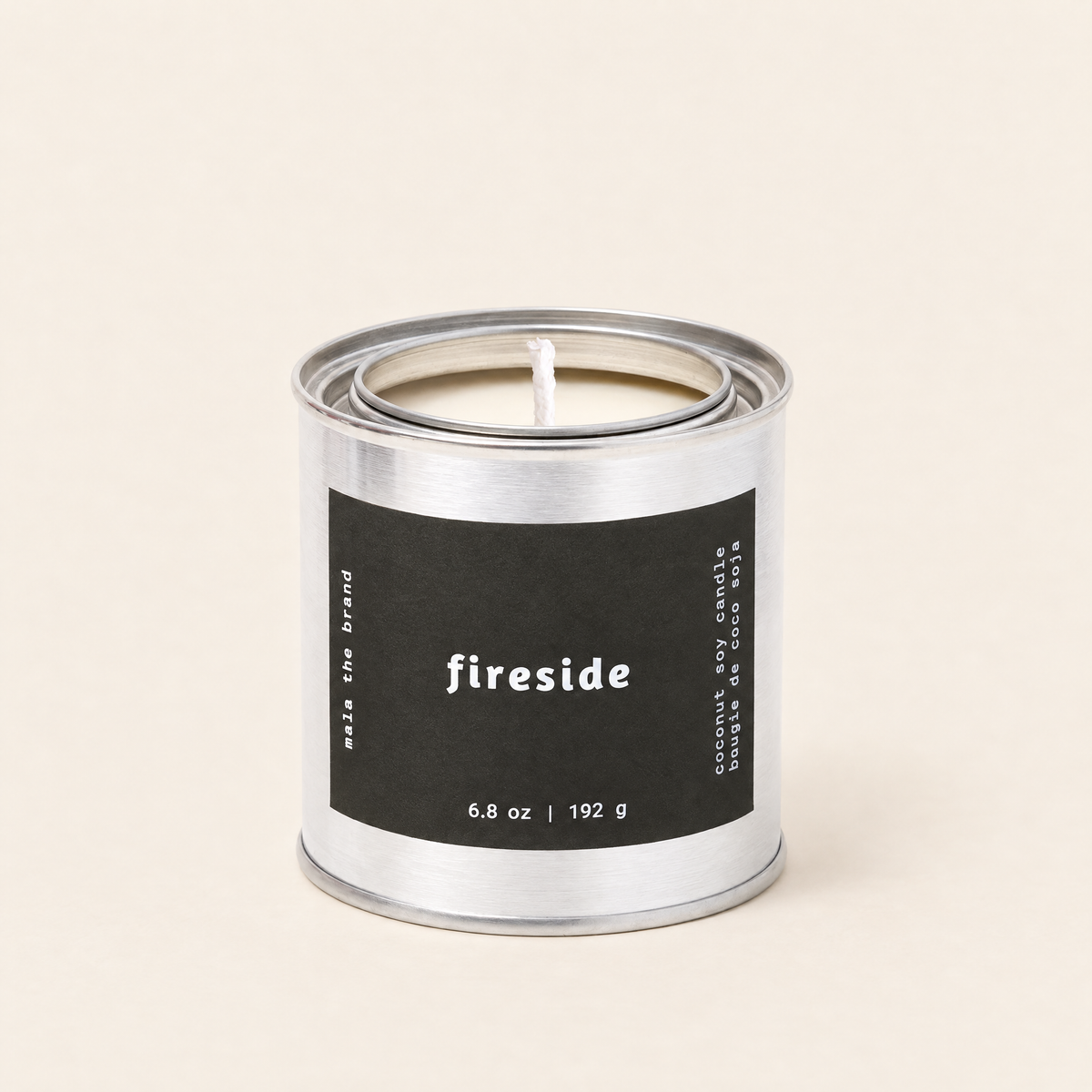 Fireside soy candle in a tin, black amber, lavender and musk scent, by Mala The Brand