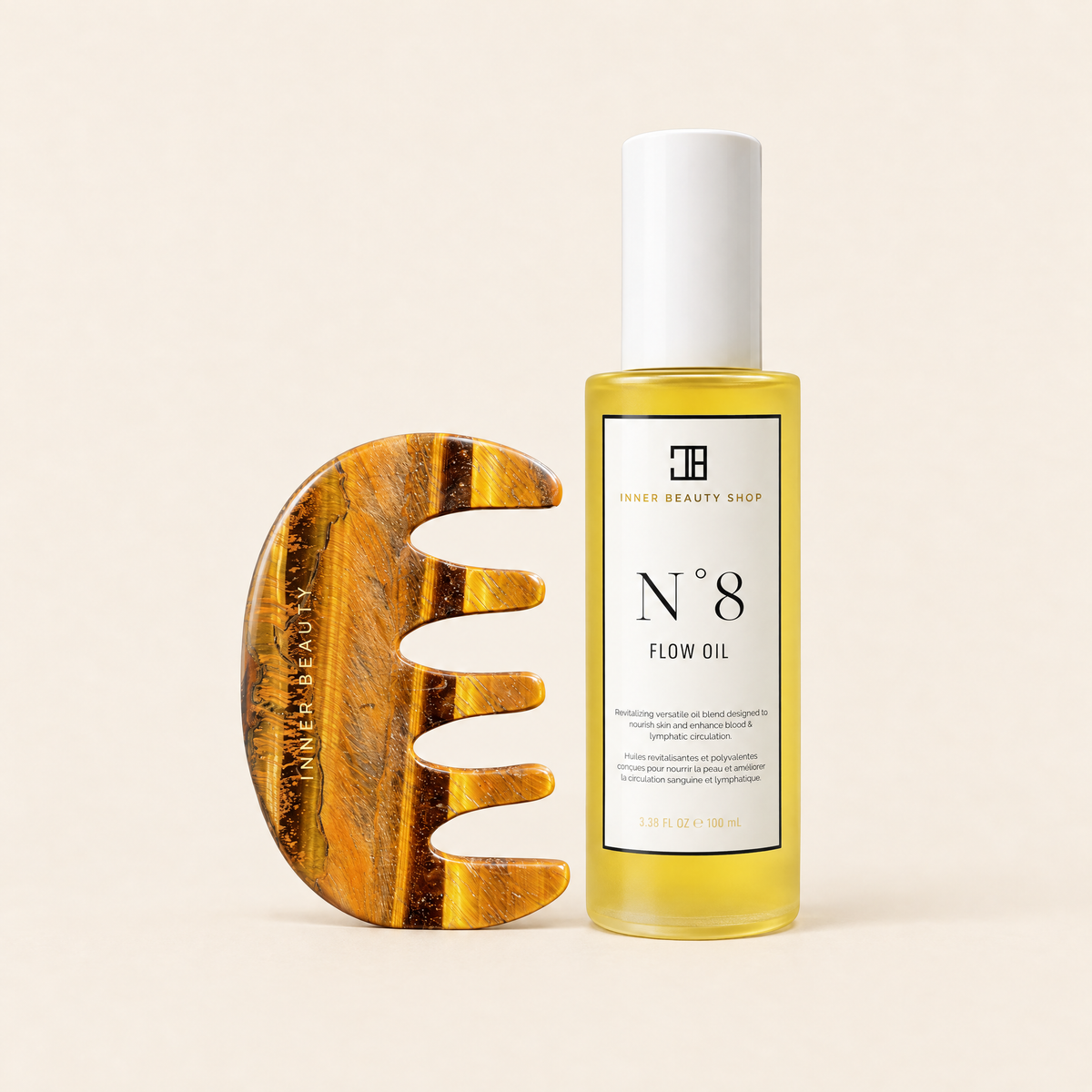 Tiger's eye gua sha comb with N°8 Flow Oil