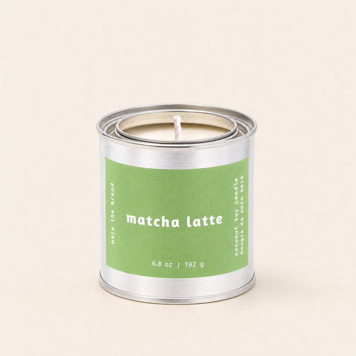 Matcha Latte soy candle in a tin, vanilla, chamomile and green tea scent, by Mala The Brand