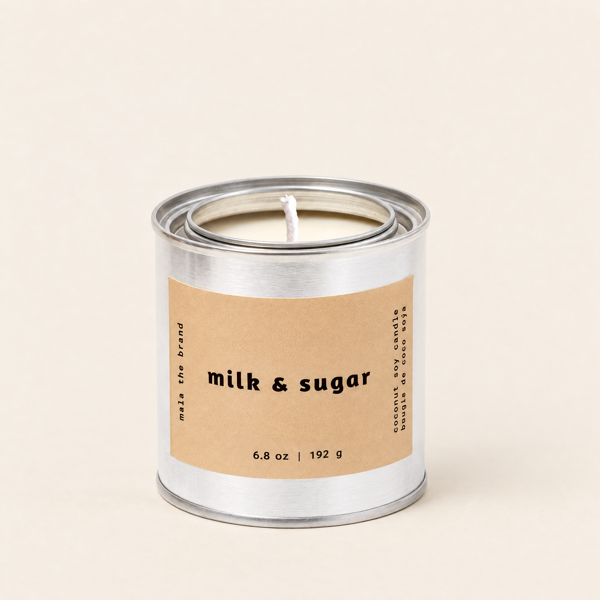 Milk and Sugar soy candle in a tin, vanilla, cinnamon and cream scent, by Mala The Brand