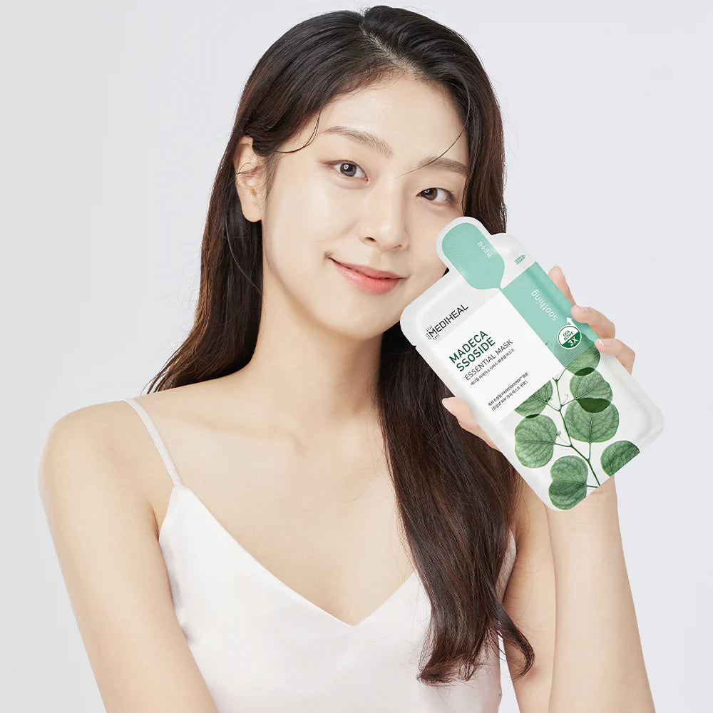 Madecassoside Essential Mask by MEDIHEAL, model wearing the sheet mask