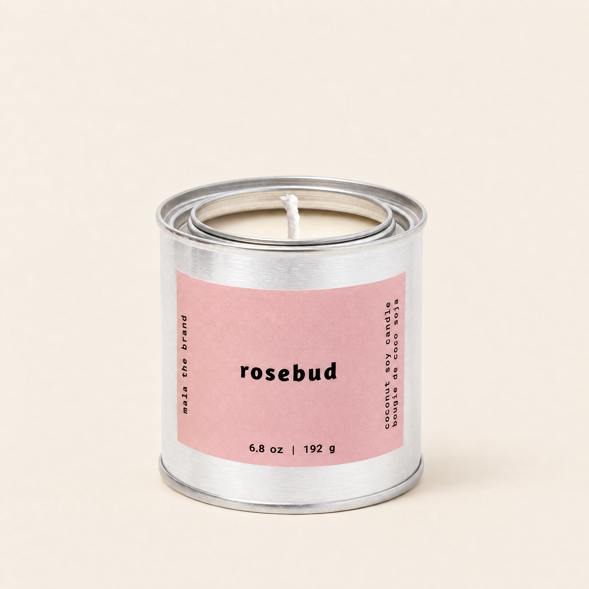 Rosebud soy candle in a tin, cream, rose and cedarwood scent, by Mala The Brand
