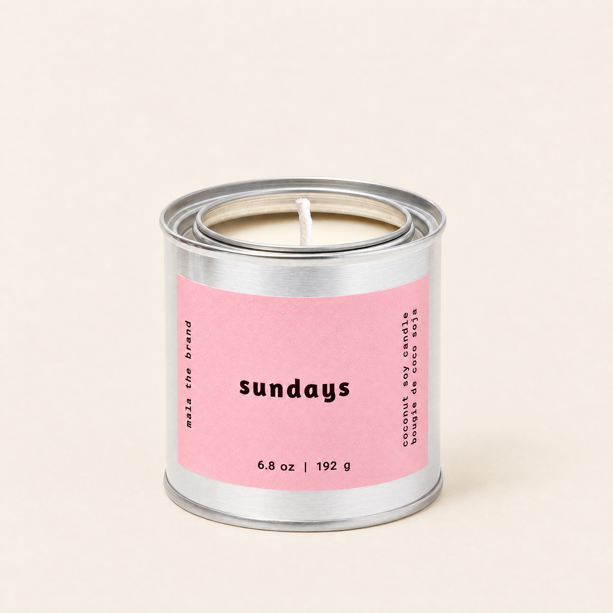 Sundays soy candle in a tin, lavender, apricot and sandalwood scent, by Mala The Brand