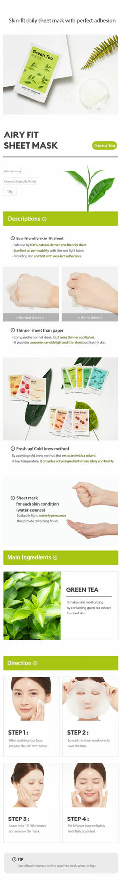 Airy Fit Sheet Mask Green Tea by MISSHA, key ingredients and benefits infographic
