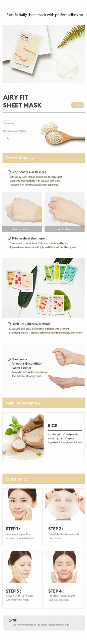 Airy Fit Sheet Mask Rice by MISSHA, key ingredients and benefits infographic